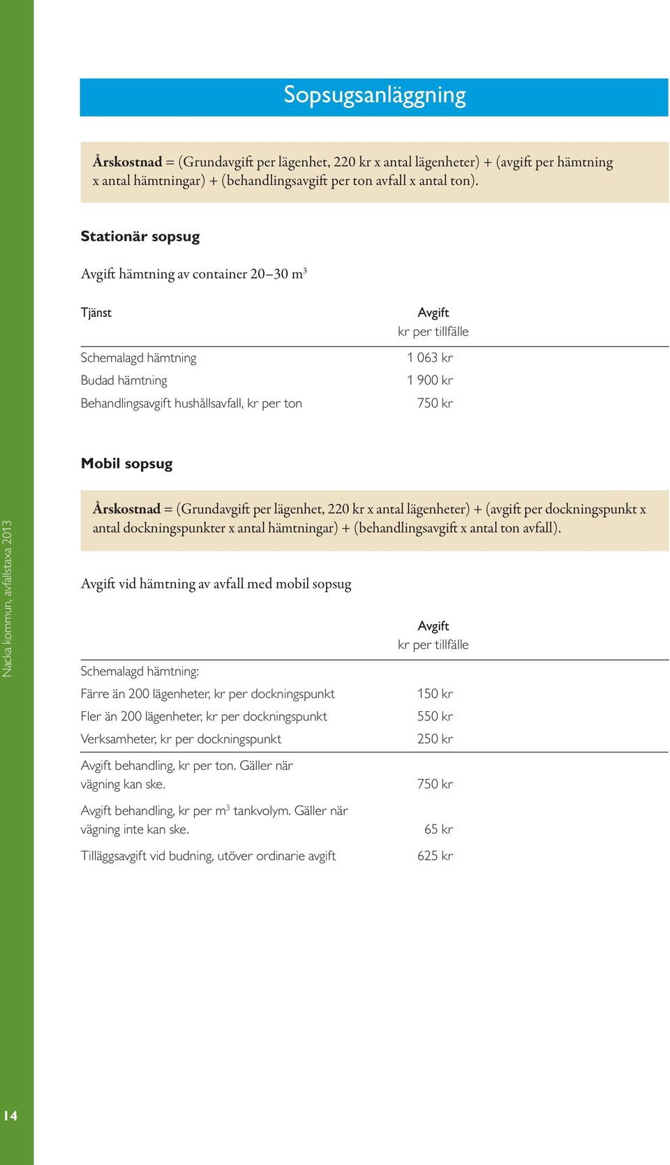 lägenhet, 220 kr x antal lägenheter) + (avgift per dockningspunkt x antal dockningspunkter x antal hämtningar) + (behandlingsavgift x antal ton avfall).