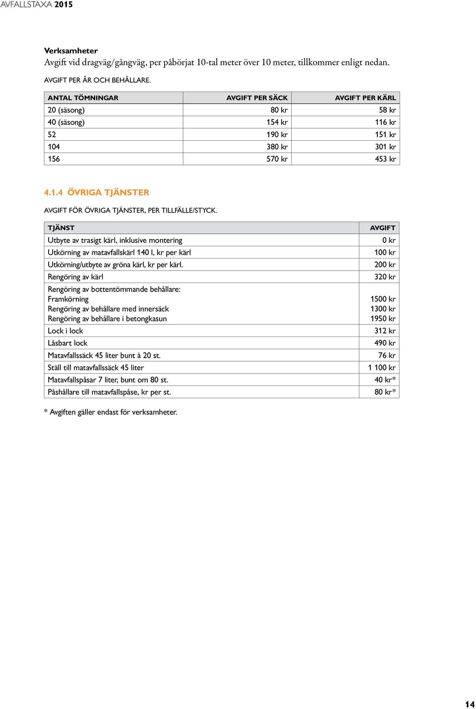 Tjänst Utbyte av trasigt kärl, inklusive montering Utkörning av matavfallskärl 140 l, kr per kärl Utkörning/utbyte av gröna kärl, kr per kärl.