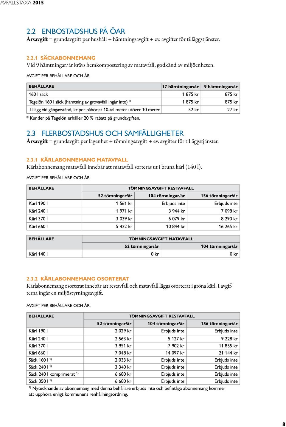 17 hämtningar/år 9 hämtningar/år 160 l säck 1 875 kr 875 kr Tegelön 160 l säck (hämtning av grovavfall ingår inte) * 1 875 kr 875 kr Tillägg vid gångavstånd, kr per påbörjat 10-tal meter utöver 10