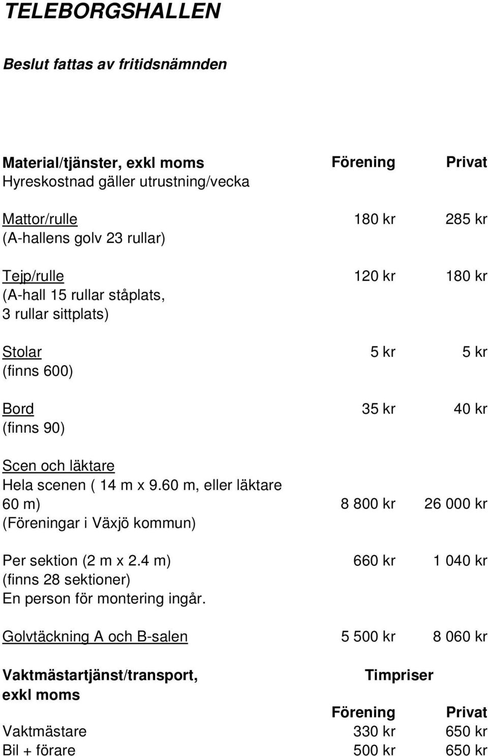 60 m, eller läktare 60 m) 8 800 kr 26 000 kr (Föreningar i Växjö kommun) Per sektion (2 m x 2.