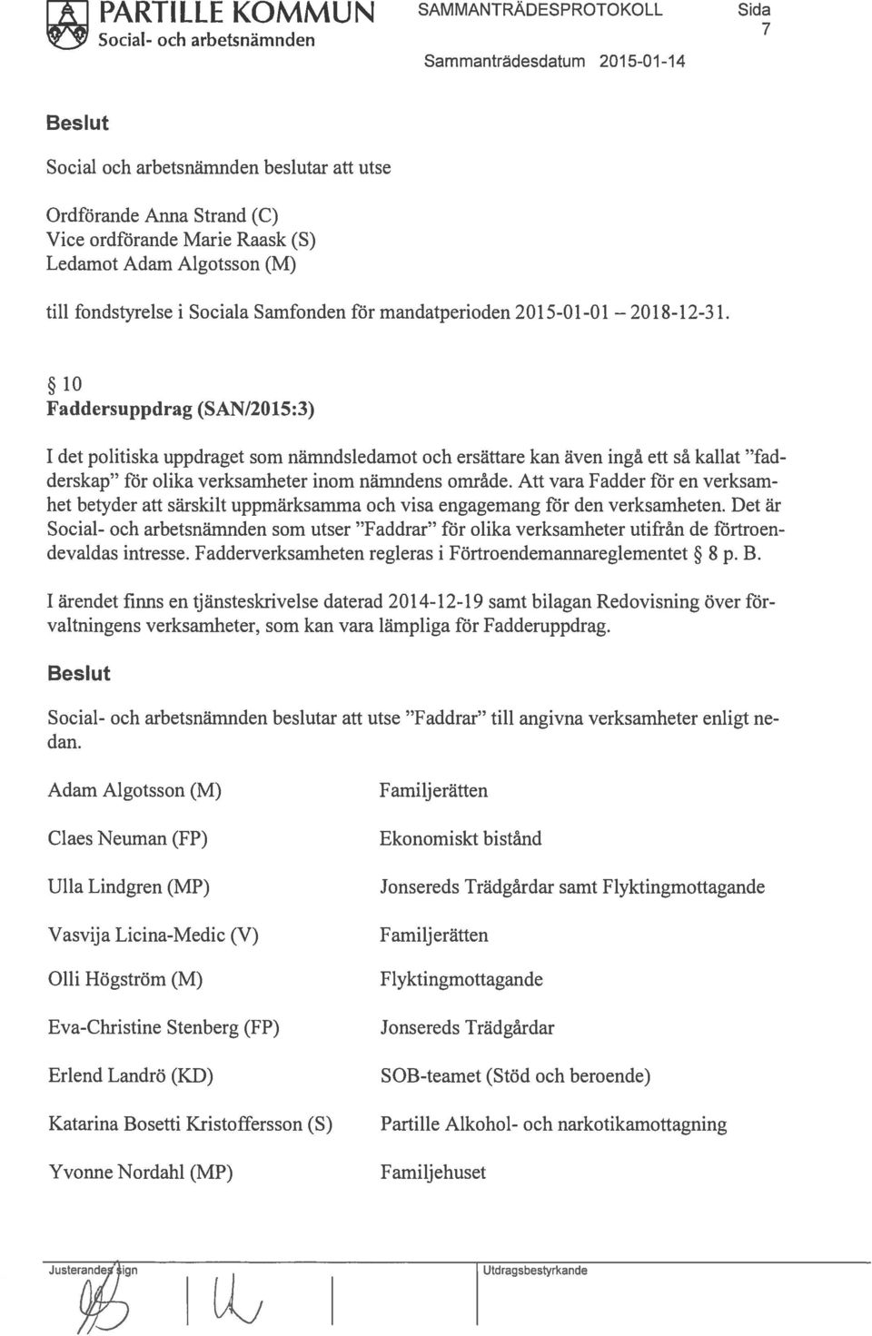 10 Faddersuppdrag (SAN/2015:3) 1 det politiska uppdraget som nämndsledamot och ersättare kan även ingå ett så kallat fad derskap för olika verksamheter inom nämndens område.