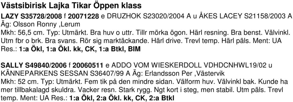 kk, CK, 1:a Btkl, BIM SALLY S49840/2006 f 20060511 e ADDO VOM WIESKERDOLL VDHDCNHWL19/02 u KÄNNEPARKENS SESSAN S36407/99 A Äg: Erlandsson Per,Västervik Mkh: 52 cm. Typ: Utmärkt.