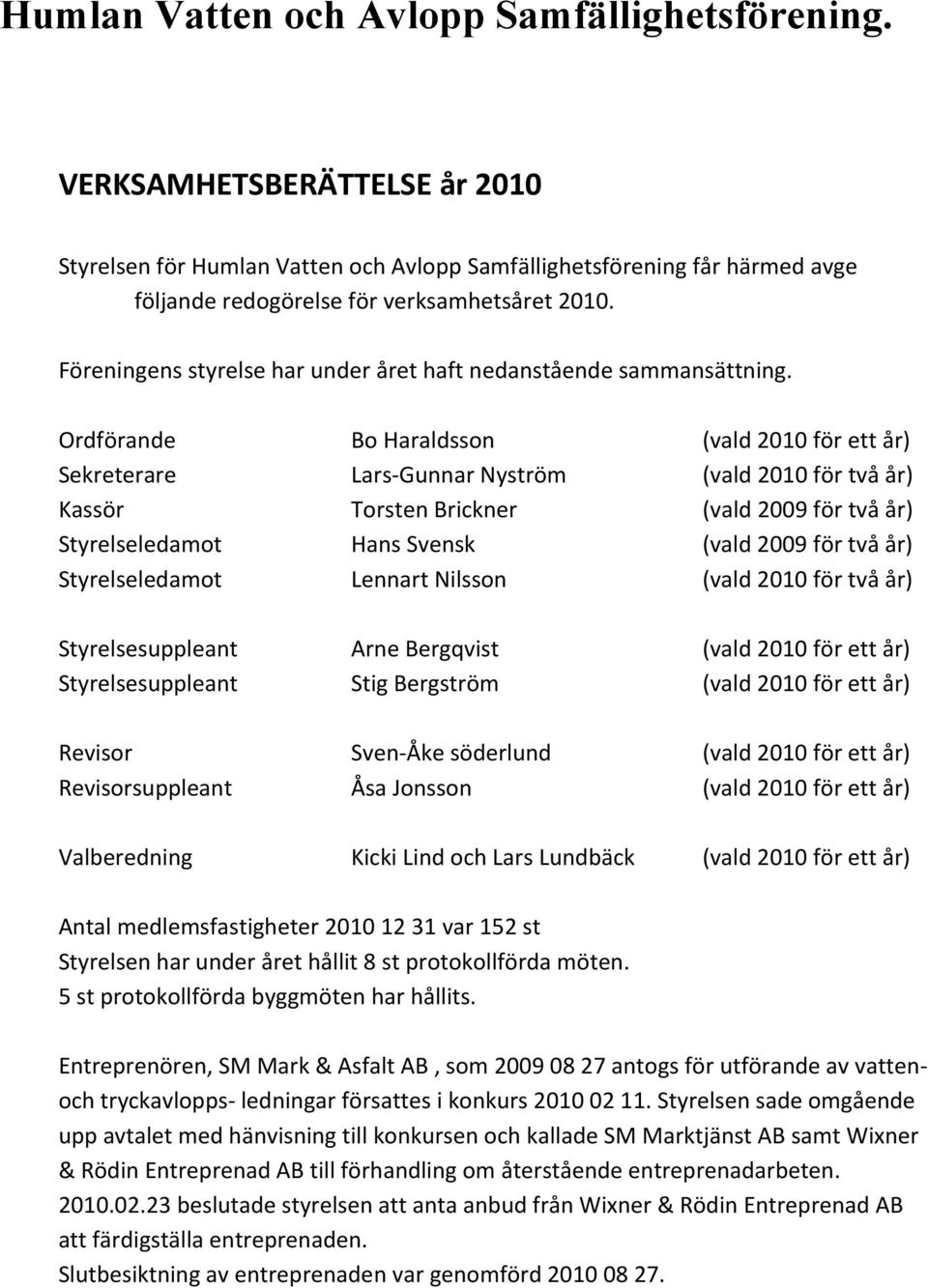 Ordförande Bo Haraldsson (vald 2010 för ett år) Sekreterare Lars Gunnar Nyström (vald 2010 för två år) Kassör Torsten Brickner (vald 2009 för två år) Styrelseledamot Hans Svensk (vald 2009 för två