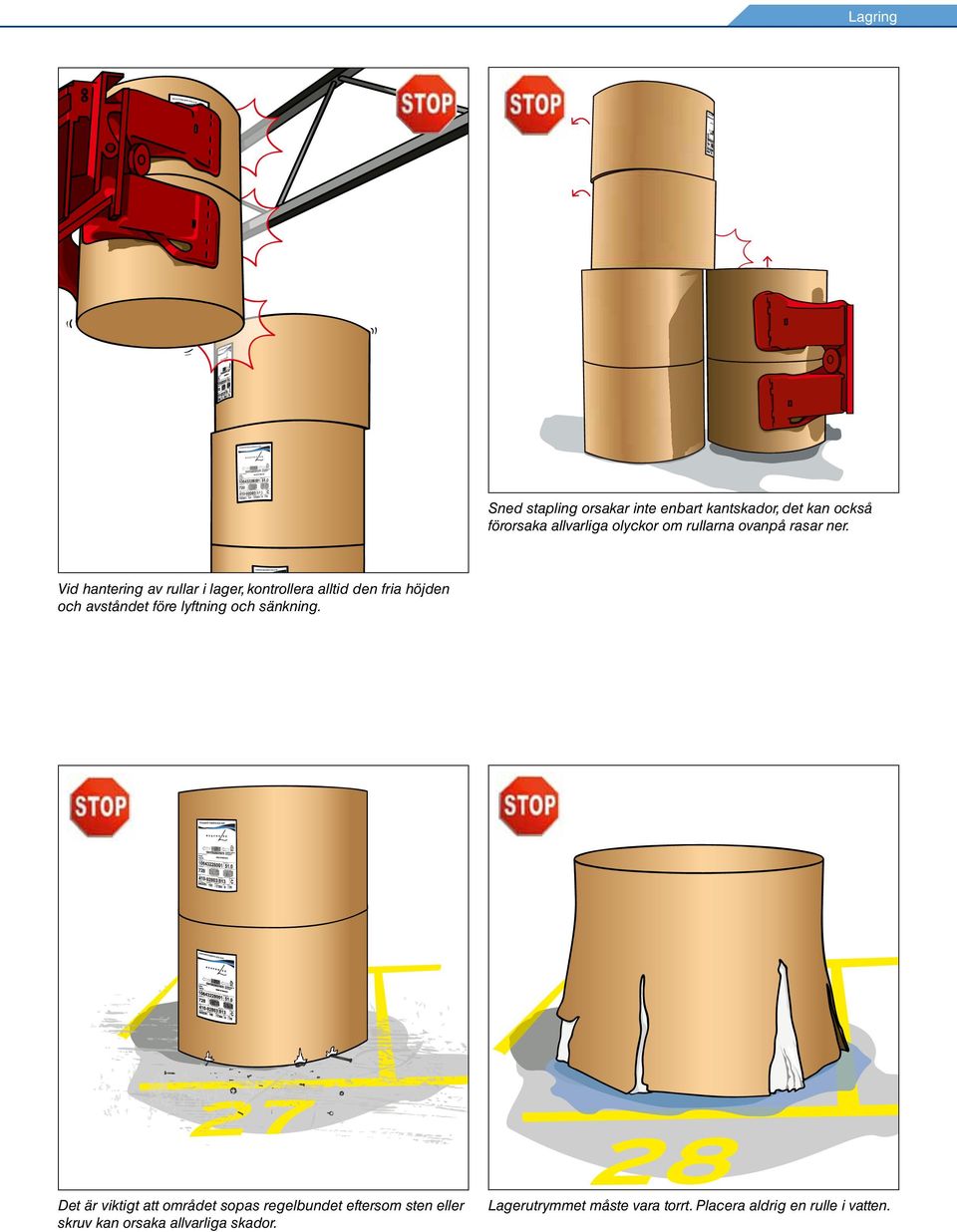 Vid hantering av rullar i lager, kontrollera alltid den fria höjden och avståndet före lyftning och