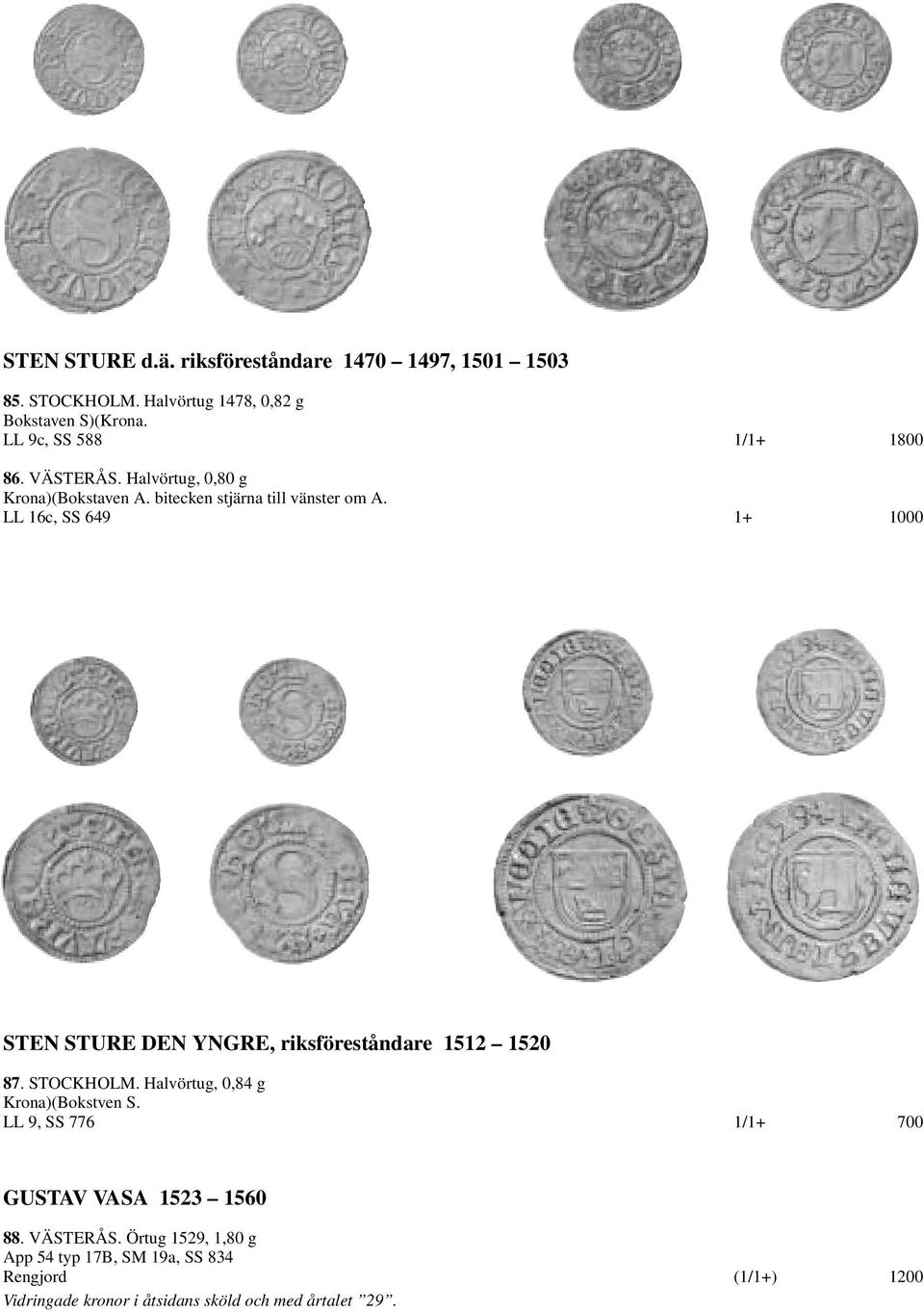LL 16c, SS 649 1+ 1000 STEN STURE DEN YNGRE, riksföreståndare 1512 1520 87. STOCKHOLM. Halvörtug, 0,84 g Krona)(Bokstven S.