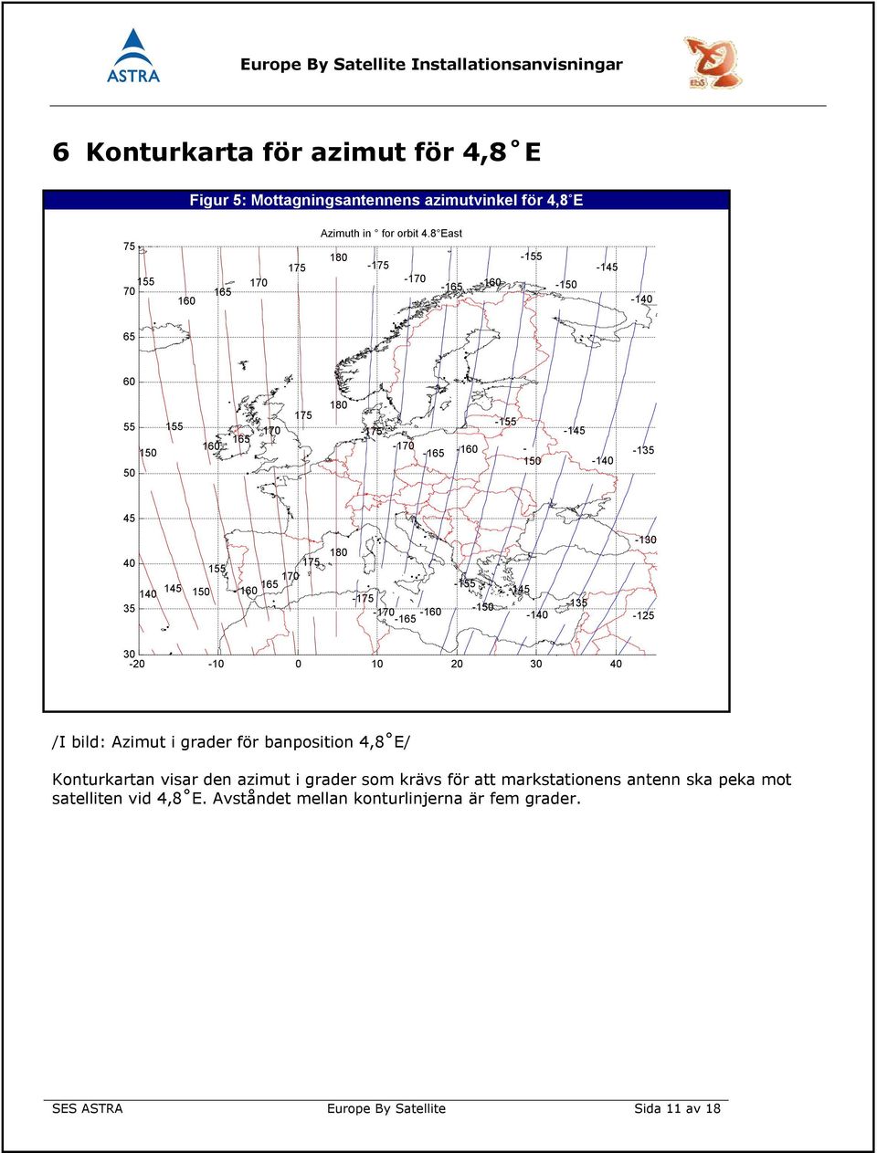 1 1 1 1 0 /I bild: Azimut i grader för banposition 4,8 E/ Konturkartan visar den azimut i grader som krävs för att markstationens
