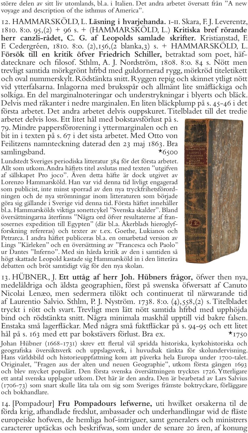 + HAMMARSKÖLD, L. Försök till en kritik öfver Friedrich Schiller, betraktad som poet, häfdatecknare och filosof. Sthlm, A. J. Nordström, 1808. 8:o. 84 s.
