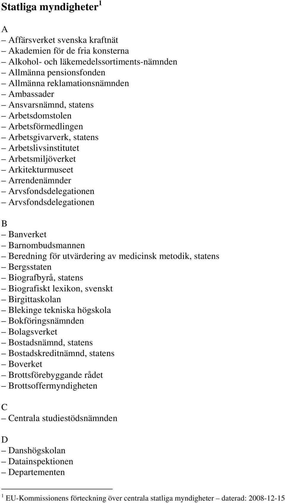 Banverket Barnombudsmannen Beredning för utvärdering av medicinsk metodik, statens Bergsstaten Biografbyrå, statens Biografiskt lexikon, svenskt Birgittaskolan Blekinge tekniska högskola
