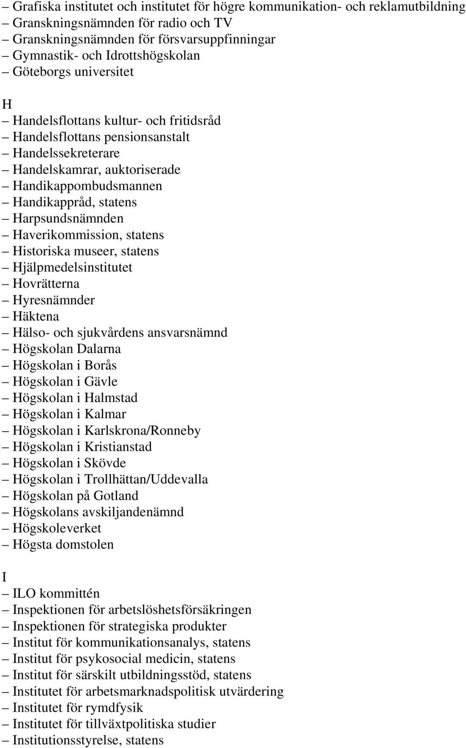 Harpsundsnämnden Haverikommission, statens Historiska museer, statens Hjälpmedelsinstitutet Hovrätterna Hyresnämnder Häktena Hälso- och sjukvårdens ansvarsnämnd Högskolan Dalarna Högskolan i Borås