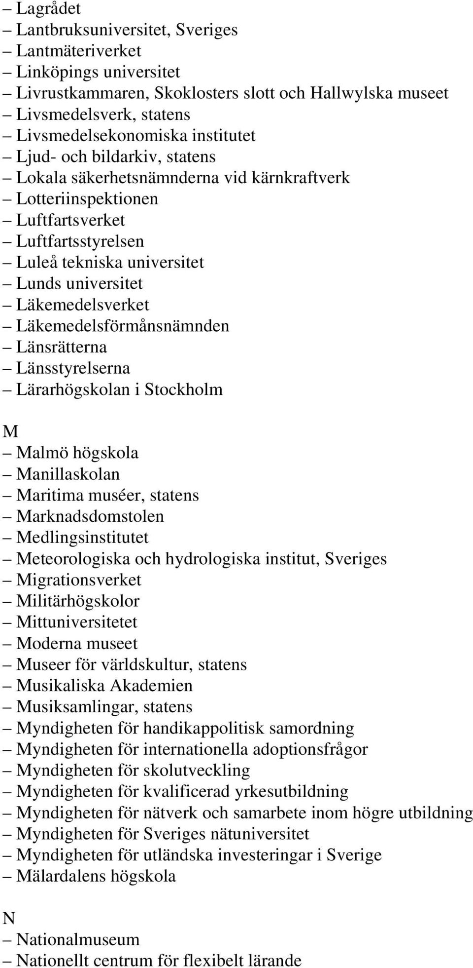 Läkemedelsförmånsnämnden Länsrätterna Länsstyrelserna Lärarhögskolan i Stockholm M Malmö högskola Manillaskolan Maritima muséer, statens Marknadsdomstolen Medlingsinstitutet Meteorologiska och