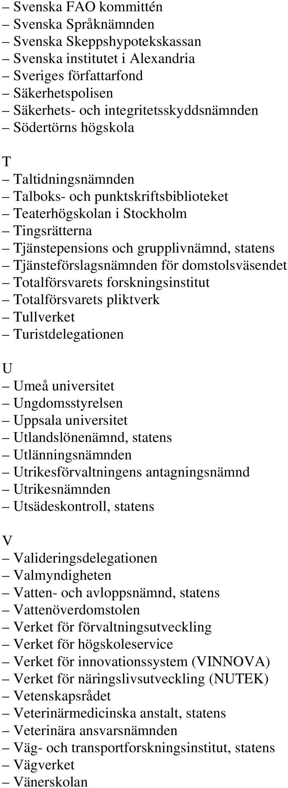 Totalförsvarets forskningsinstitut Totalförsvarets pliktverk Tullverket Turistdelegationen U Umeå universitet Ungdomsstyrelsen Uppsala universitet Utlandslönenämnd, statens Utlänningsnämnden