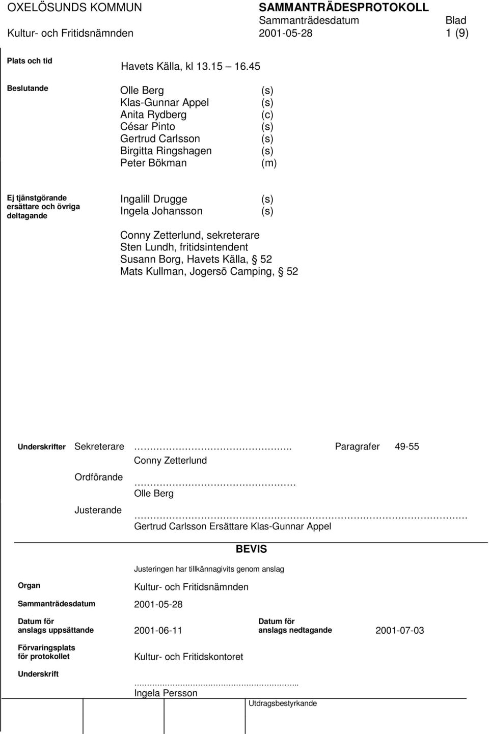 Johansson Conny Zetterlund, sekreterare Sten Lundh, fritidsintendent Susann Borg, Havets Källa, 52 Mats Kullman, Jogersö Camping, 52 Underskrifter Sekreterare.