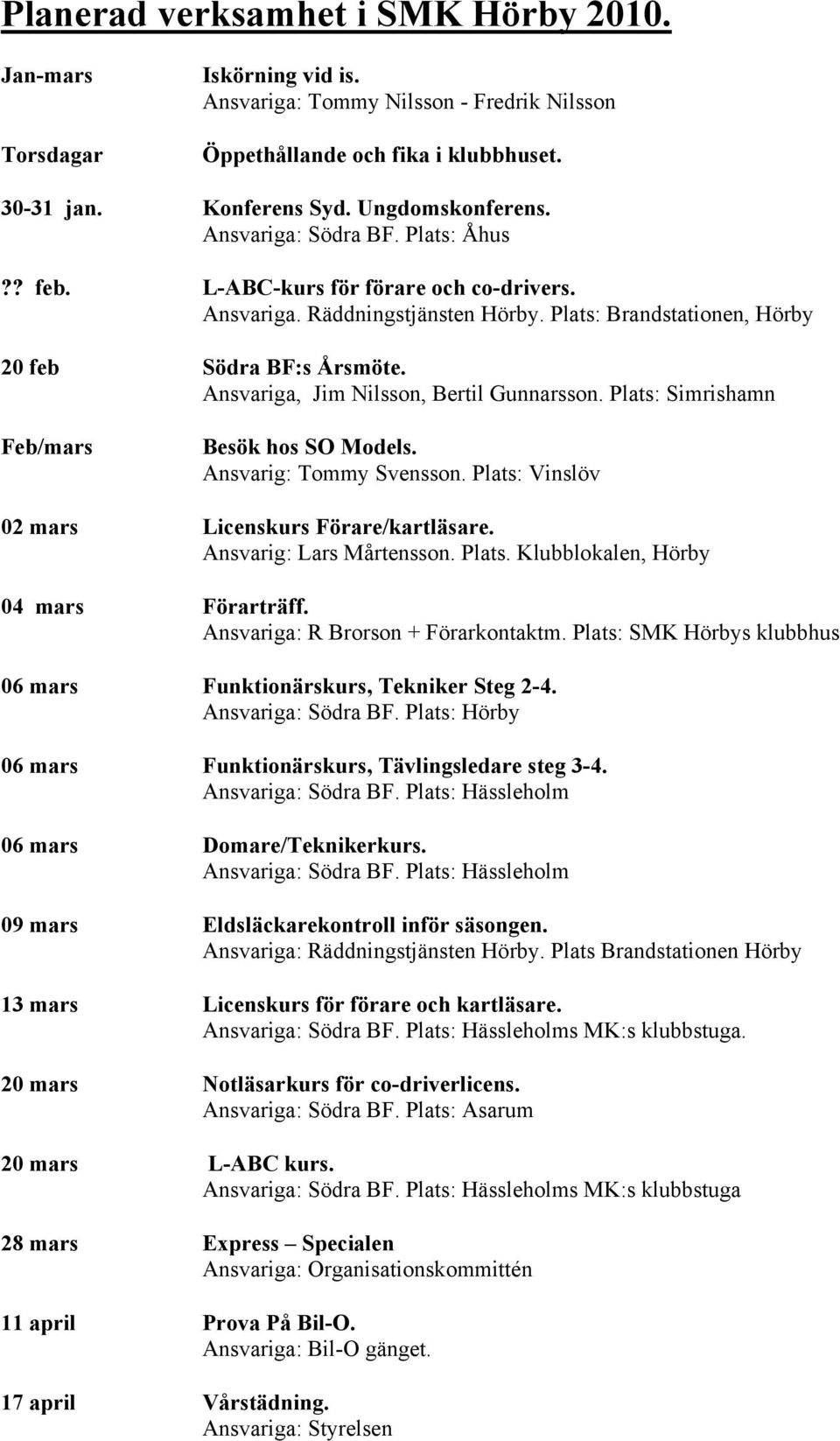 Ansvariga, Jim Nilsson, Bertil Gunnarsson. Plats: Simrishamn Feb/mars Besök hos SO Models. Ansvarig: Tommy Svensson. Plats: Vinslöv 02 mars Licenskurs Förare/kartläsare. Ansvarig: Lars Mårtensson.