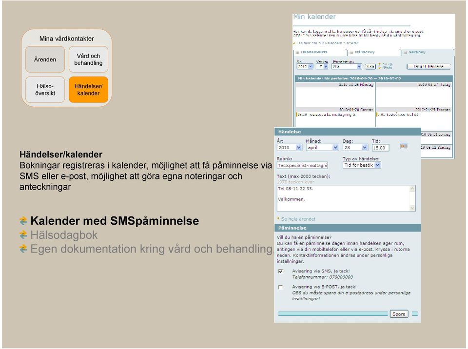 påminnelse via SMS eller e-post, möjlighet att göra egna noteringar och