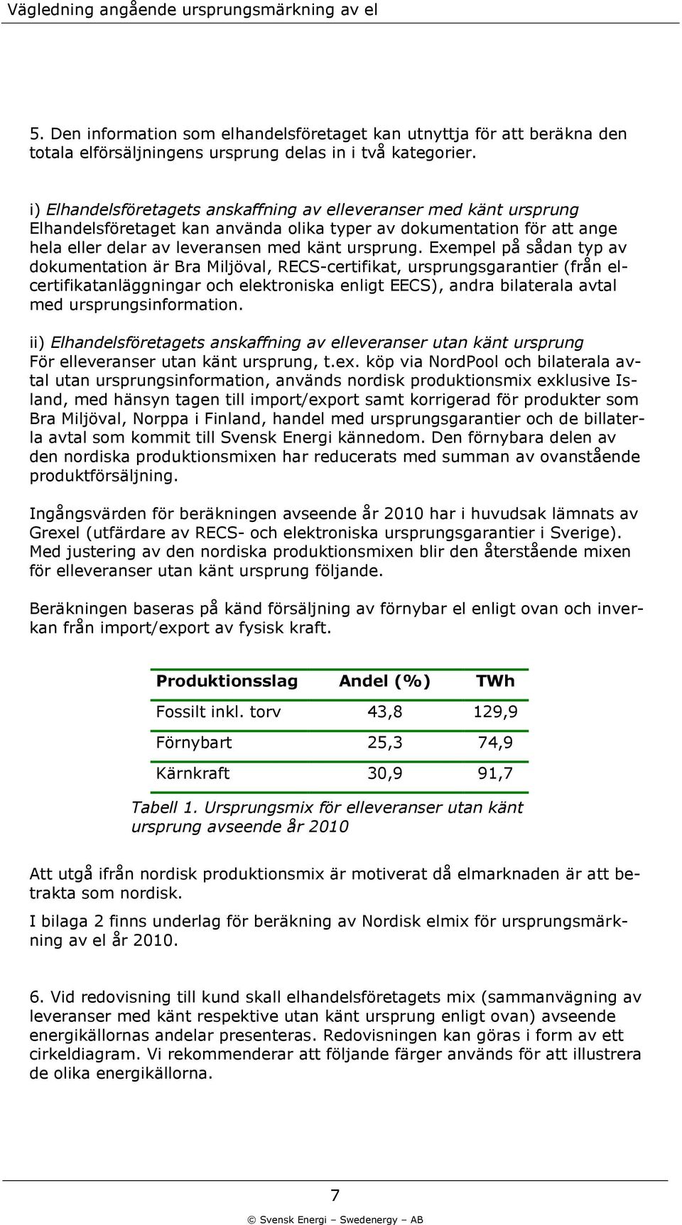 Exempel på sådan typ av dokumentation är Bra Miljöval, RECS-certifikat, ursprungsgarantier (från elcertifikatanläggningar och elektroniska enligt EECS), andra bilaterala avtal med