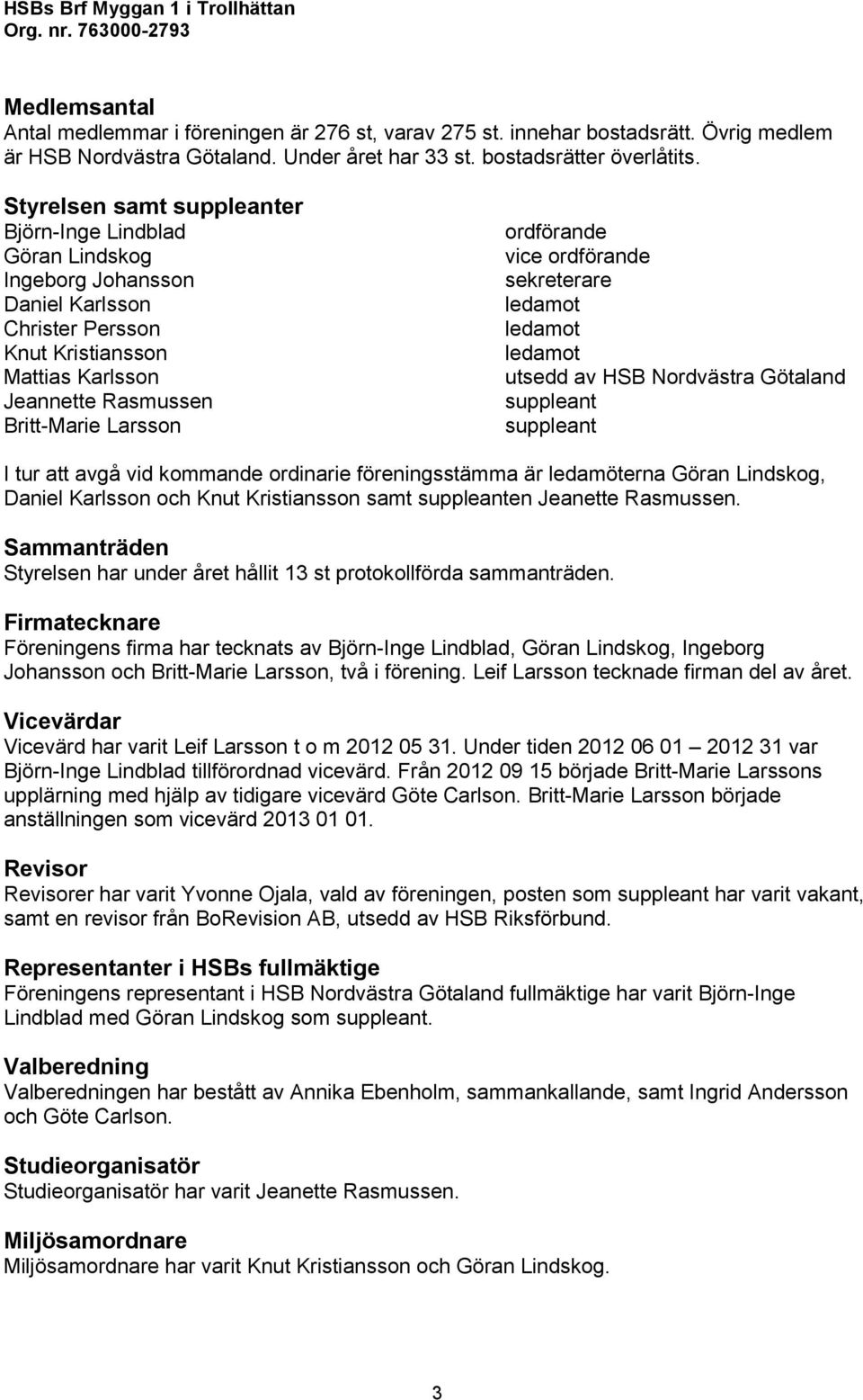 Styrelsen samt suppleanter Björn-Inge Lindblad Göran Lindskog Ingeborg Johansson Daniel Karlsson Christer Persson Knut Kristiansson Mattias Karlsson Jeannette Rasmussen Britt-Marie Larsson ordförande