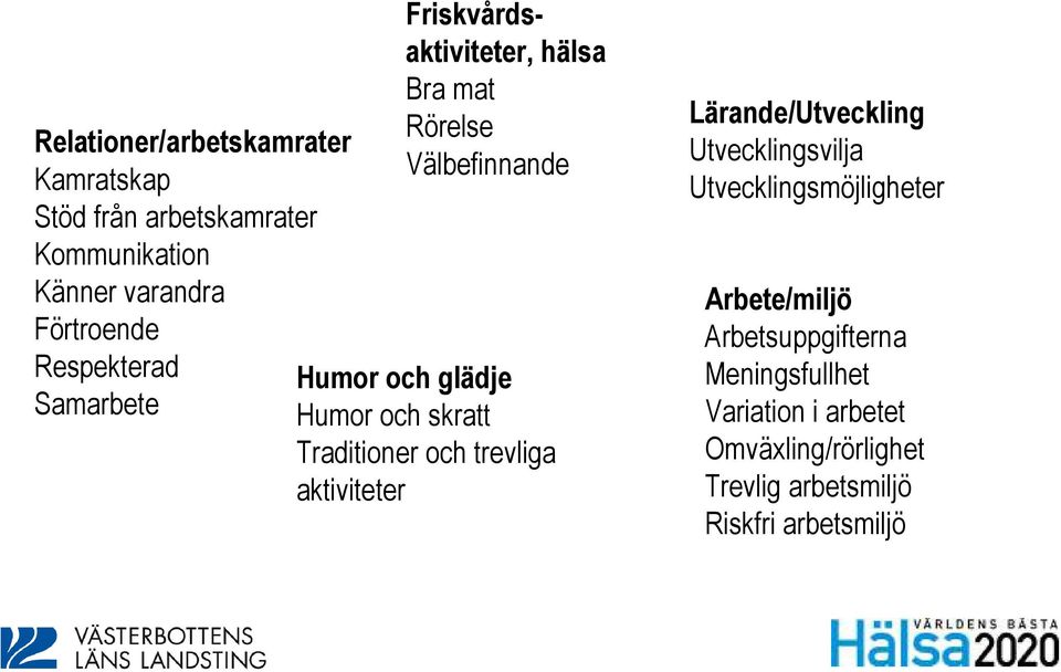 Humor och skratt Traditioner och trevliga aktiviteter Lärande/Utveckling Utvecklingsvilja Utvecklingsmöjligheter