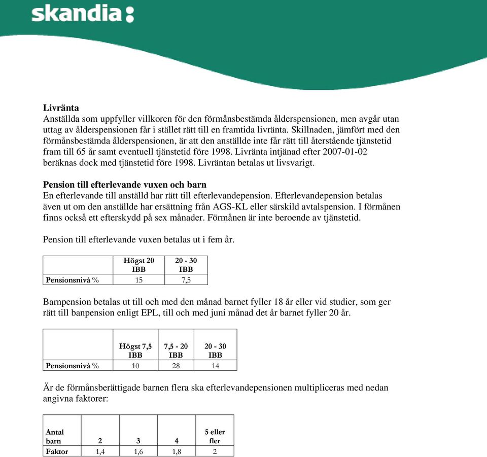 Livränta intjänad efter 2007-01-02 beräknas dock med tjänstetid före 1998. Livräntan betalas ut livsvarigt.