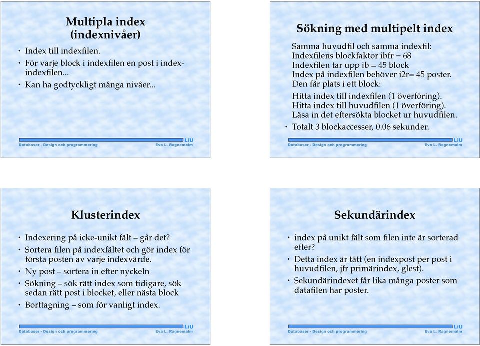 Den får plats i ett block: Hitta index till indexfilen (1 överföring). Hitta index till huvudfilen (1 överföring). Läsa in det eftersökta blocket ur huvudfilen. Totalt 3 blockaccesser, 0.06 sekunder.