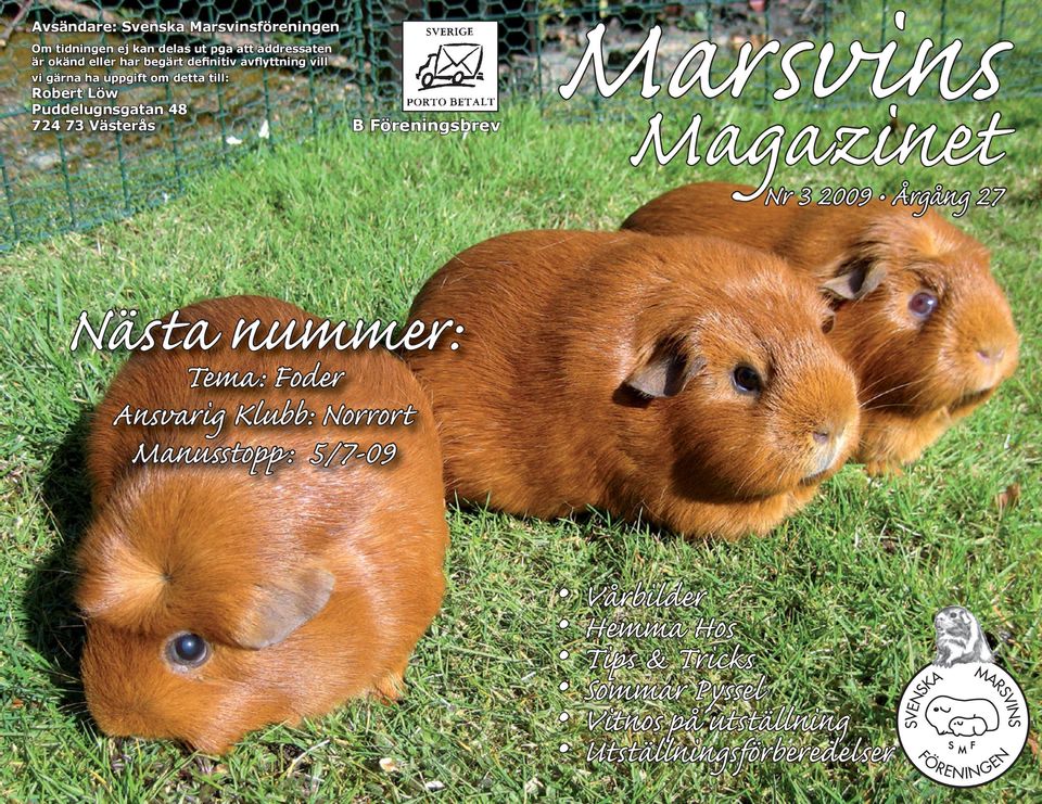 Föreningsbrev Marsvins Magazinet Nr 3 2009 Årgång 27 NästaTema:nummer: Foder S M F RENIN GE N Ö MA VINS RS KA F
