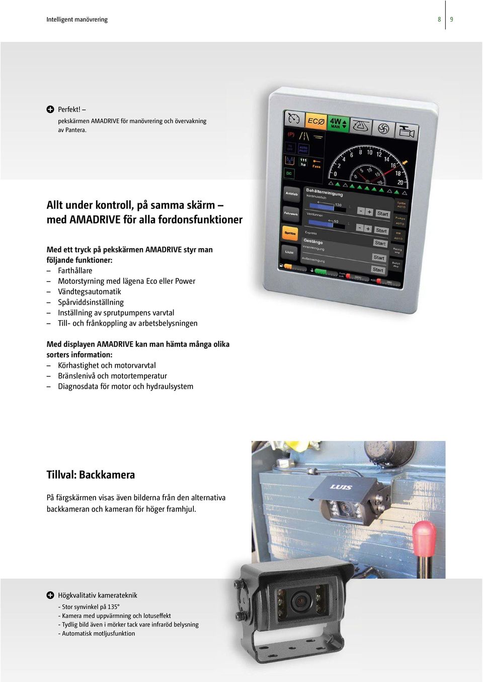 Vändtegsautomatik Spårviddsinställning Inställning av sprutpumpens varvtal Till- och frånkoppling av arbetsbelysningen Med displayen AMADRIVE kan man hämta många olika sorters information: