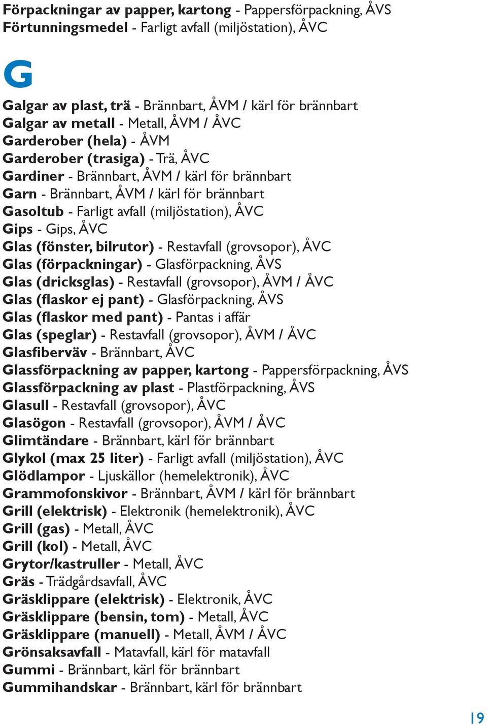 (miljöstation), ÅVC Gips - Gips, ÅVC Glas (fönster, bilrutor) - Restavfall (grovsopor), ÅVC Glas (förpackningar) - Glasförpackning, ÅVS Glas (dricksglas) - Restavfall (grovsopor), ÅVM / ÅVC Glas