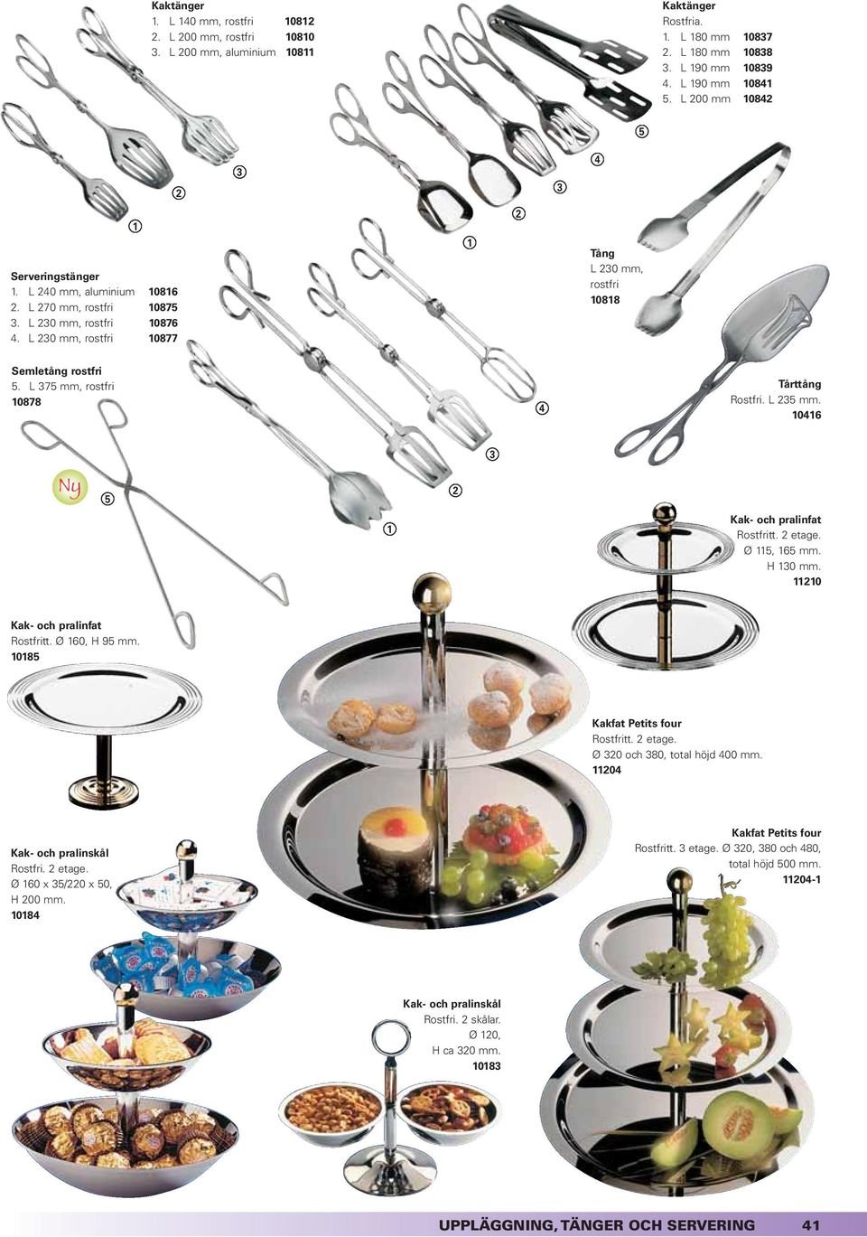 L 230 mm, rostfri 10877 1 1 2 Tång L 230 mm, rostfri 10818 Semletång rostfri 5. L 375 mm, rostfri 10878 4 Tårttång Rostfri. L 235 mm. 10416 3 5 2 1 Kak- och pralinfat Rostfritt. 2 etage.