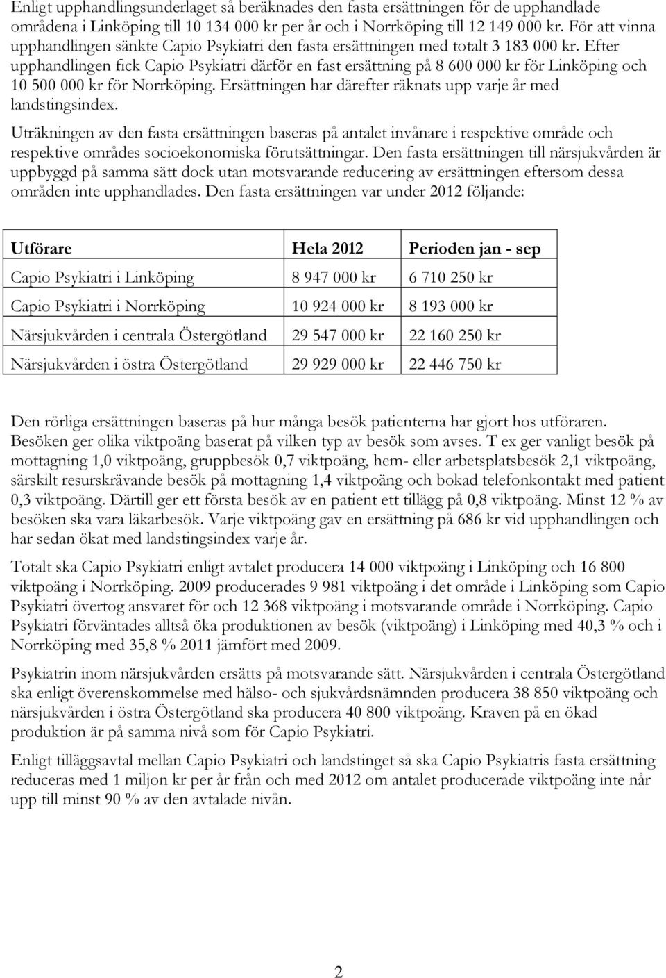 Efter upphandlingen fick Capio Psykiatri därför en fast ersättning på 8 600 000 kr för Linköping och 10 500 000 kr för Norrköping. Ersättningen har därefter räknats upp varje år med landstingsindex.