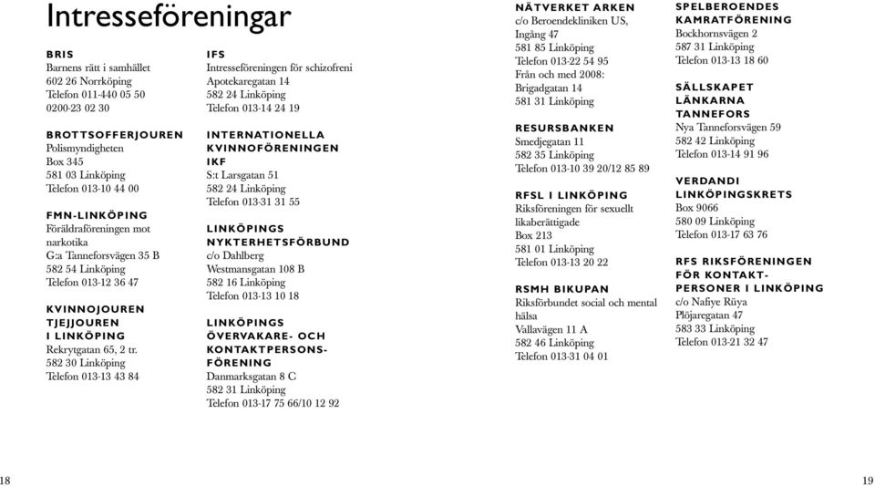 582 30 Linköping Telefon 013-13 43 84 IFS Intresseföreningen för schizofreni Apotekaregatan 14 582 24 Linköping Telefon 013-14 24 19 INTERNATIONELLA KVINNOFÖRENINGEN IKF S:t Larsgatan 51 582 24