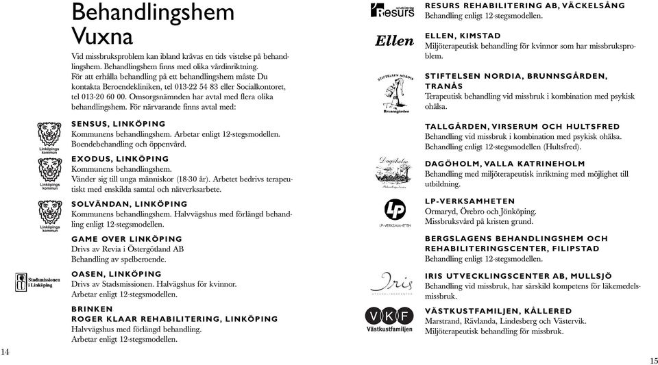 För närvarande finns avtal med: SENSUS, LINKÖPING Kommunens behandlingshem. Arbetar enligt 12-stegsmodellen. Boendebehandling och öppenvård. EXODUS, LINKÖPING Kommunens behandlingshem.