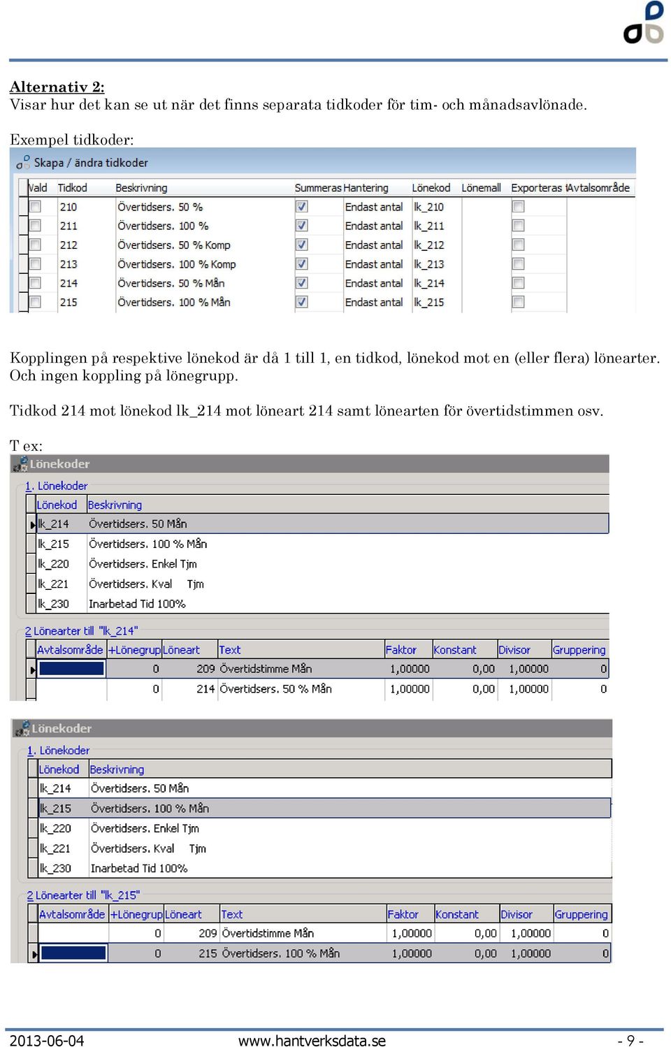 Exempel tidkoder: Kopplingen på respektive lönekod är då 1 till 1, en tidkod, lönekod mot en