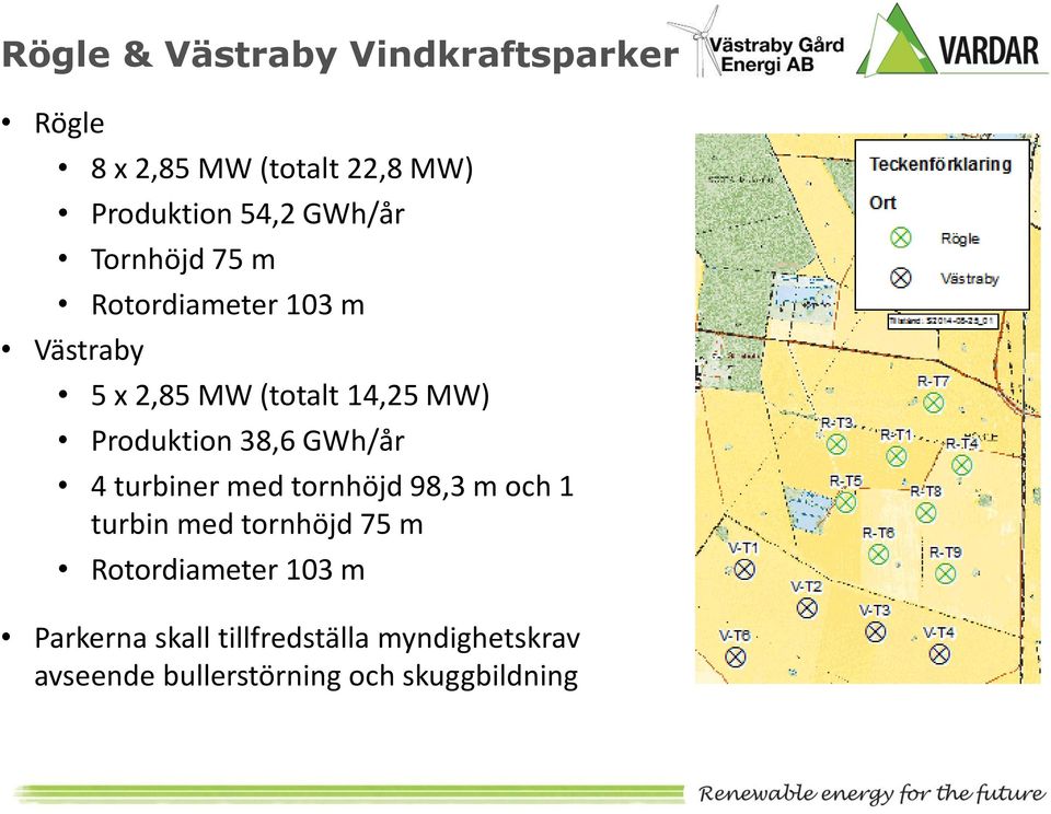 Produktion 38,6 GWh/år 4 turbiner med tornhöjd 98,3 m och 1 turbin med tornhöjd 75 m