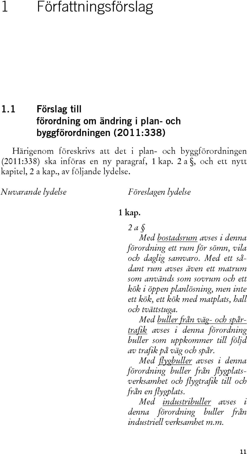 2 a, och ett nytt kapitel, 2 a kap., av följande lydelse. Nuvarande lydelse Föreslagen lydelse 1 kap. 2 a Med bostadsrum avses i denna förordning ett rum för sömn, vila och daglig samvaro.