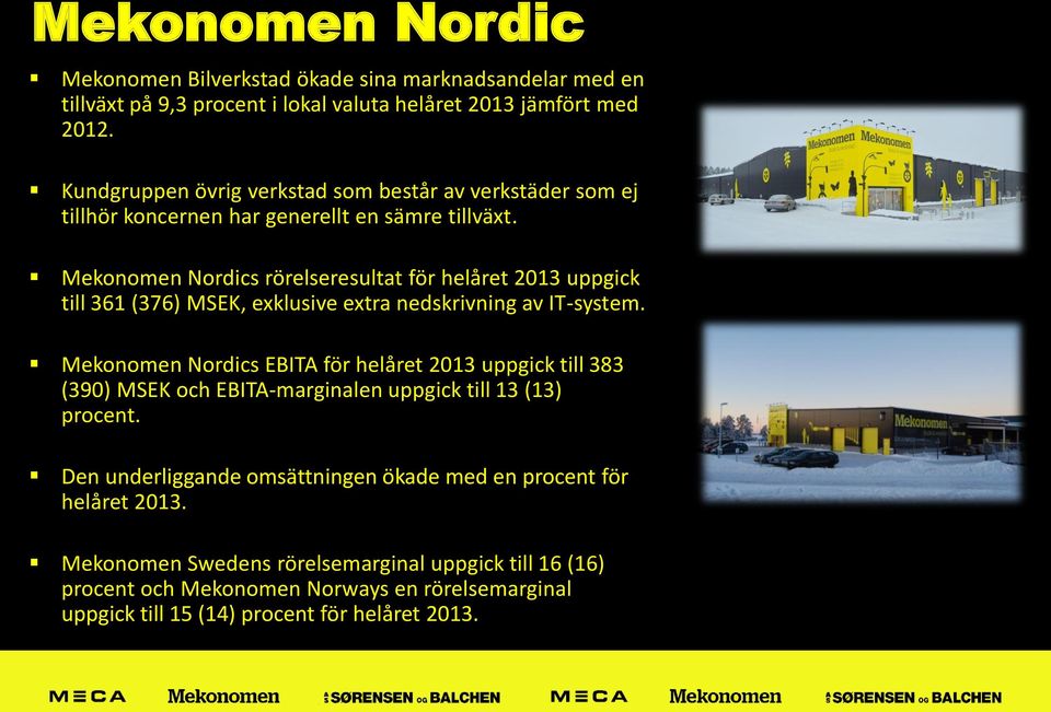 Mekonomen Nordics rörelseresultat för helåret 2013 uppgick till 361 (376) MSEK, exklusive extra nedskrivning av IT-system.