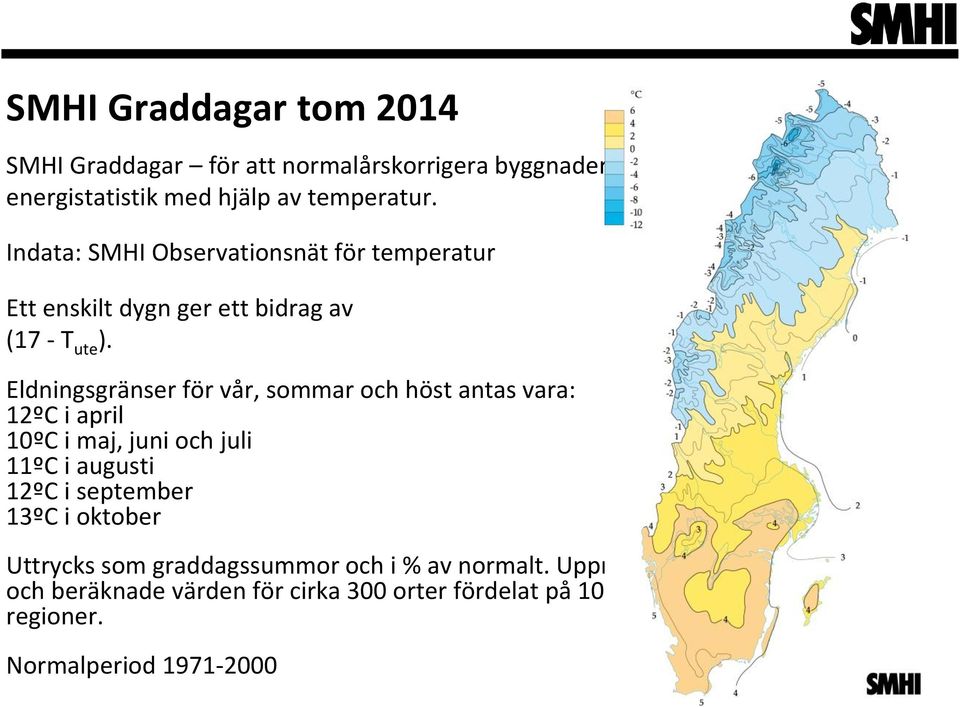 Eldningsgränser för vår, sommar och höst antas vara: 12ºC i april 10ºC i maj, juni och juli 11ºC i augusti 12ºC i september