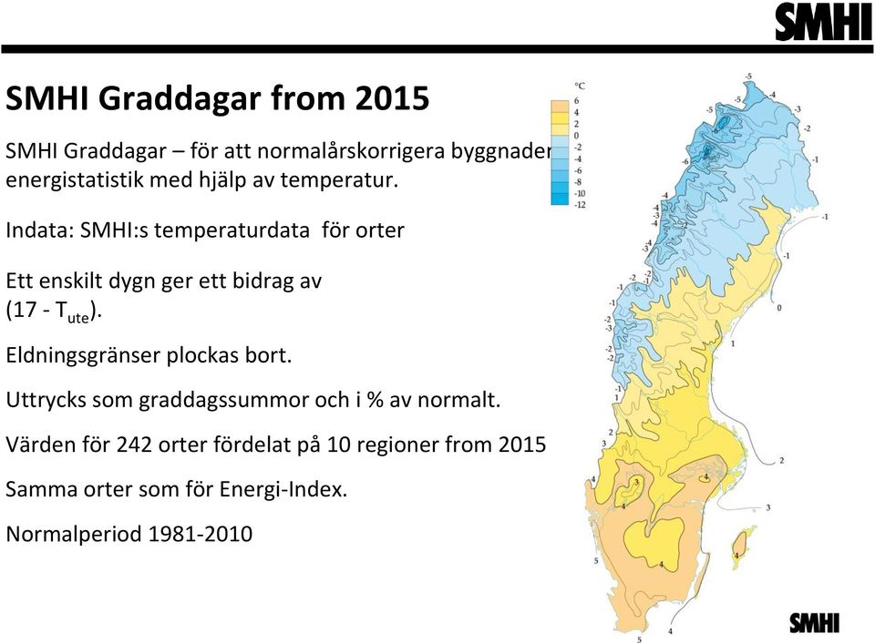 Indata: SMHI:s temperaturdata för orter Ett enskilt dygn ger ett bidrag av (17 - T ute ).