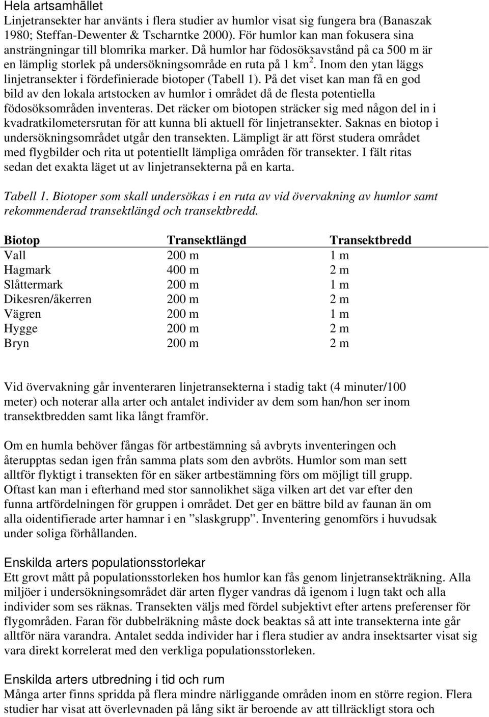 Inom den ytan läggs linjetransekter i fördefinierade biotoper (Tabell 1).