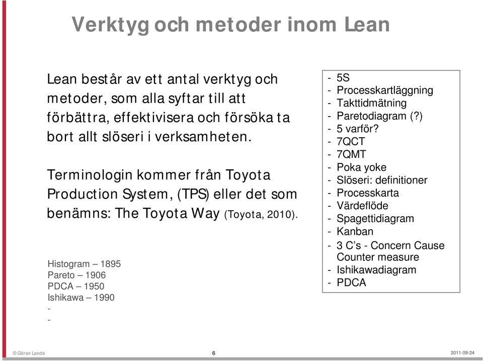 Histogram 1895 Pareto 1906 PDCA 1950 Ishikawa 1990 - - - 5S - Processkartläggning - Takttidmätning - Paretodiagram (?) - 5 varför?