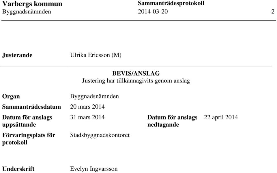 2014 Datum för anslags uppsättande Förvaringsplats för protokoll 31 mars 2014 Datum