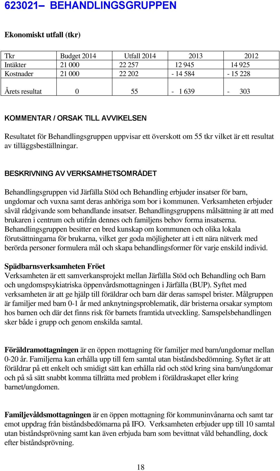 BESKRIVNING AV VERKSAMHETSOMRÅDET Behandlingsgruppen vid Järfälla Stöd och Behandling erbjuder insatser för barn, ungdomar och vuxna samt deras anhöriga som bor i kommunen.