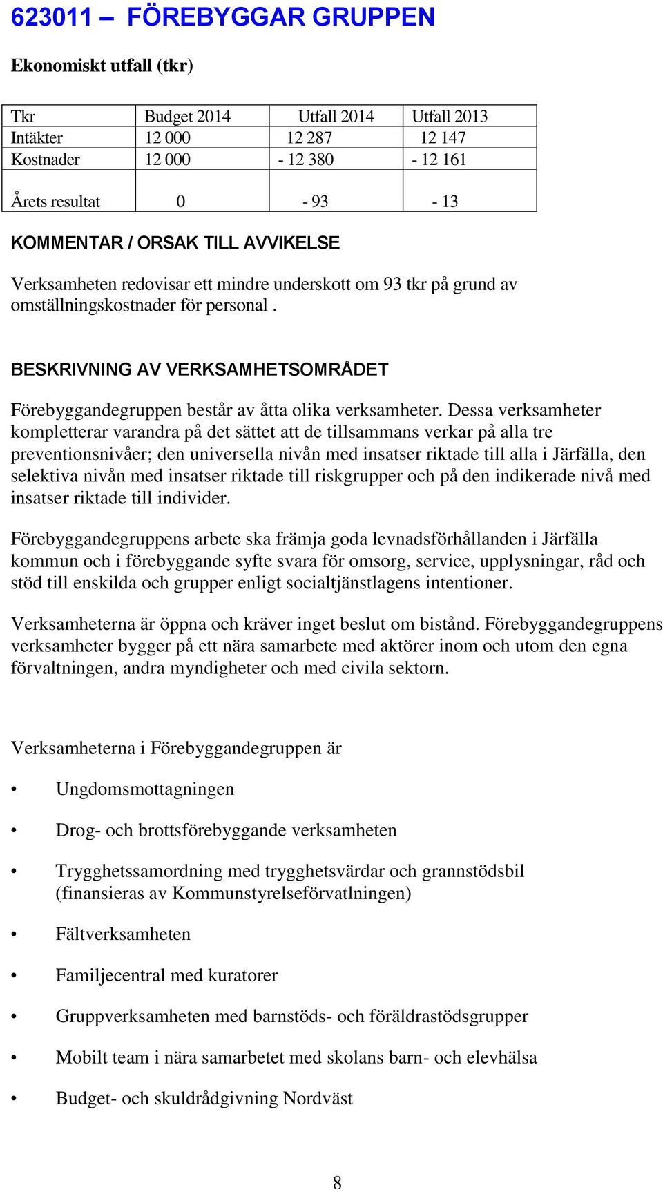BESKRIVNING AV VERKSAMHETSOMRÅDET Förebyggandegruppen består av åtta olika verksamheter.
