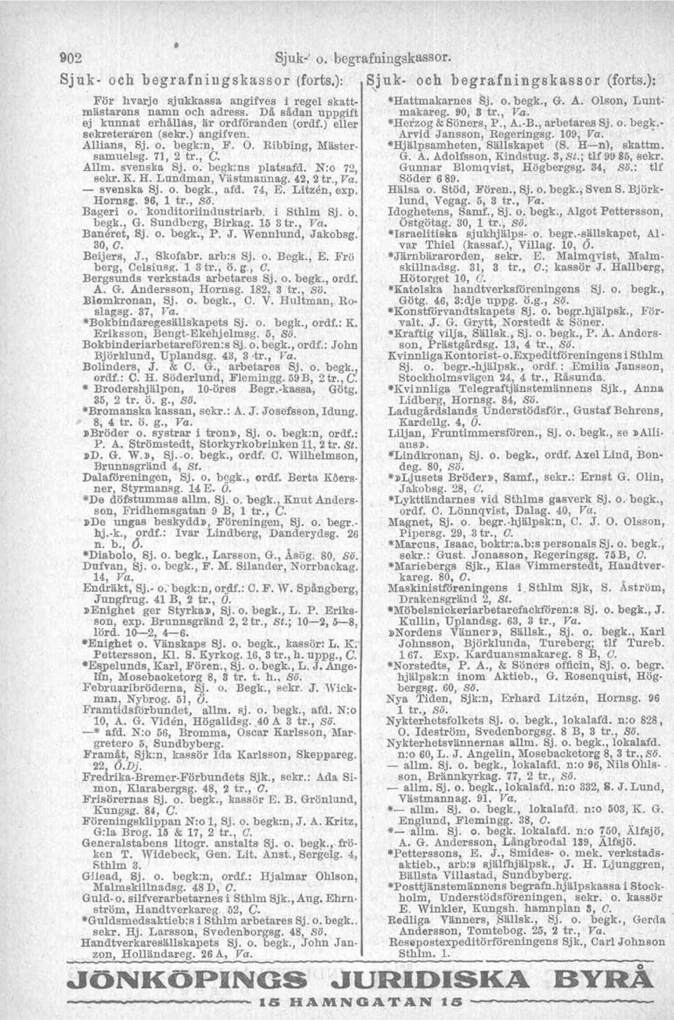 - sekreteraren (sekr.) angifven. Arvid Jansson, Regeringsg. 109, Va. Allians, Sj. o. begk:n, F. O.Ribbing, Mäster- "Hjälpsamheten, Sällskapet (S. H-n), skattm. samuelsg. 71, 2 tr., C. G. A. Adolfsson, Kindstug.