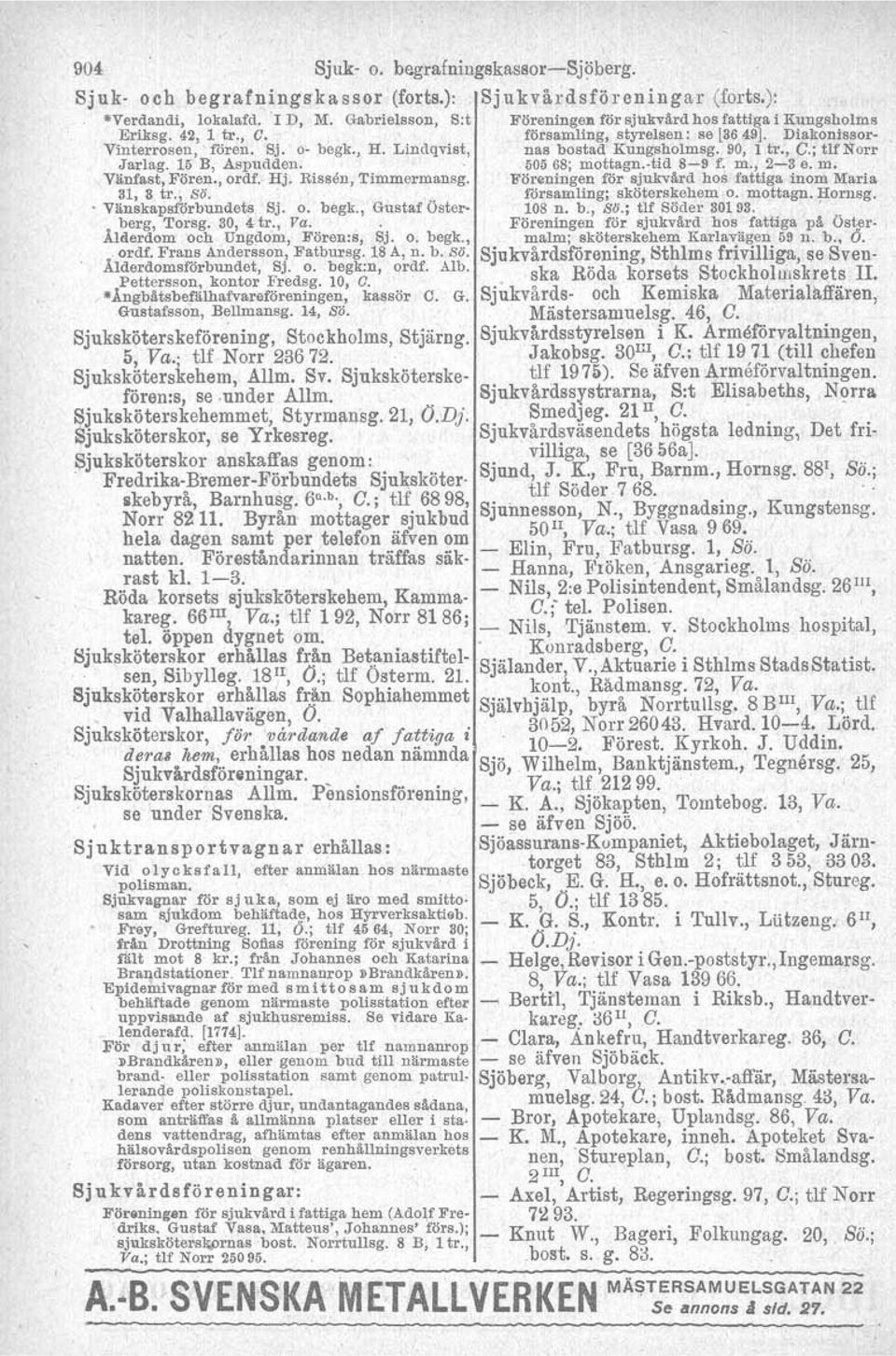 ; tlfnorr Jarlag. 15 B, Aspudden. 50568: niottagn.-tid 8-9 f. m., 2-3 e. m. Vänfast, Fören., ordf. Hj. Bissen, Timmermansg. Föreningen för sjukvård hos fattiga inom Maria 31, 3 tr., 86.