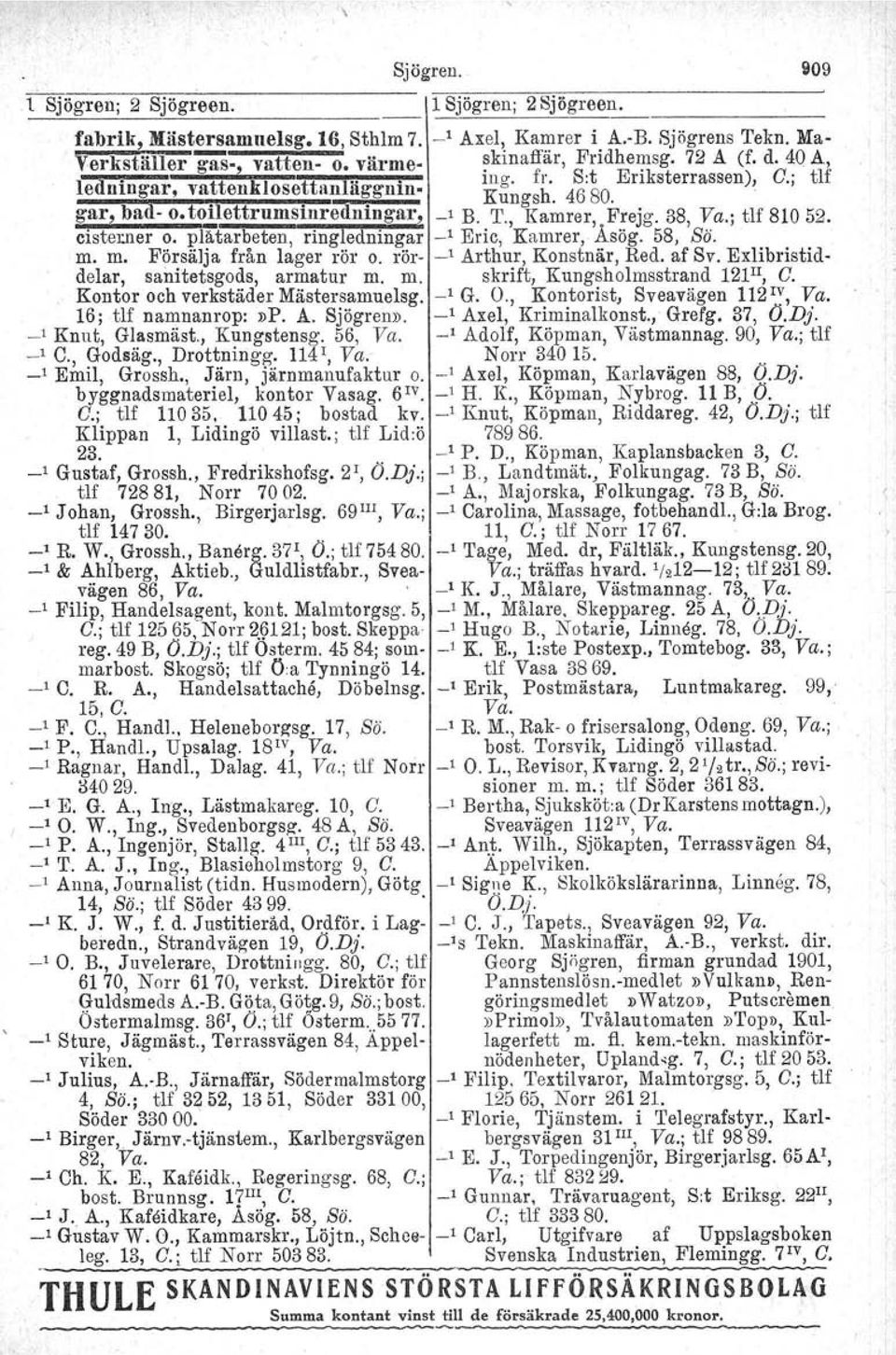 , KamrervFrejg. 38, Va.; tlf 810 52. cisterner o. platarbeten, ringledningar _1 Eric, Kamrer, Asög. 58, Bä. m. m. Försälja från lager rör o. rör- _1 Arthur, Konstnär, Red. af Sv.