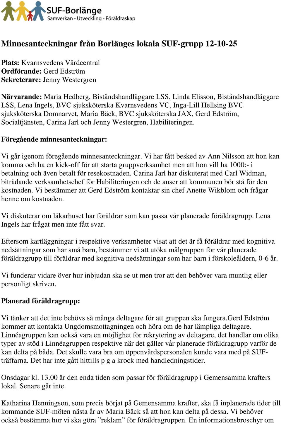 Socialtjänsten, Carina Jarl och Jenny Westergren, Habiliteringen. Föregående minnesanteckningar: Vi går igenom föregående minnesanteckningar.