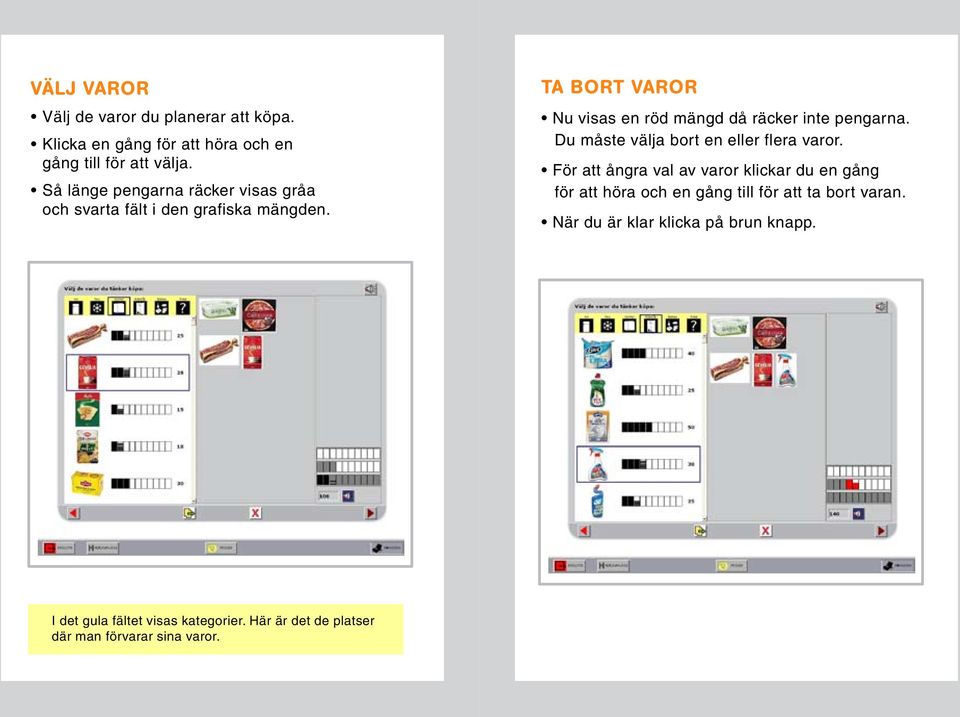 TA BORT VAROR Nu visas en röd mängd då räcker inte pengarna. Du måste välja bort en eller flera varor.