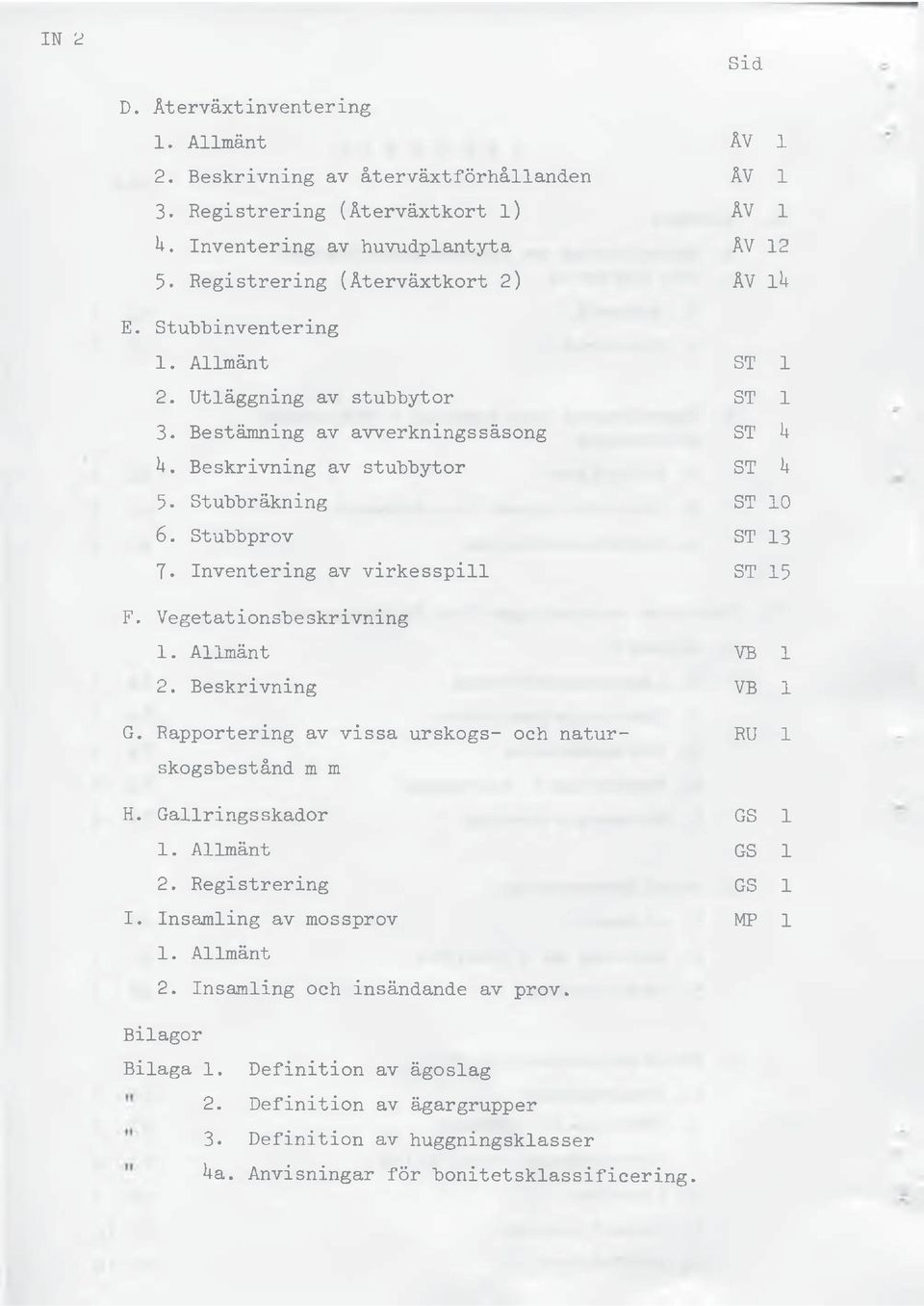 Stubbräkning ST 10 6. Stubbprov ST 13 T* Inventering av virkesspill ST 15 F. Vegetationsbeskrivning I. Allmänt VB 1 2. Beskrivning VB 1 G.