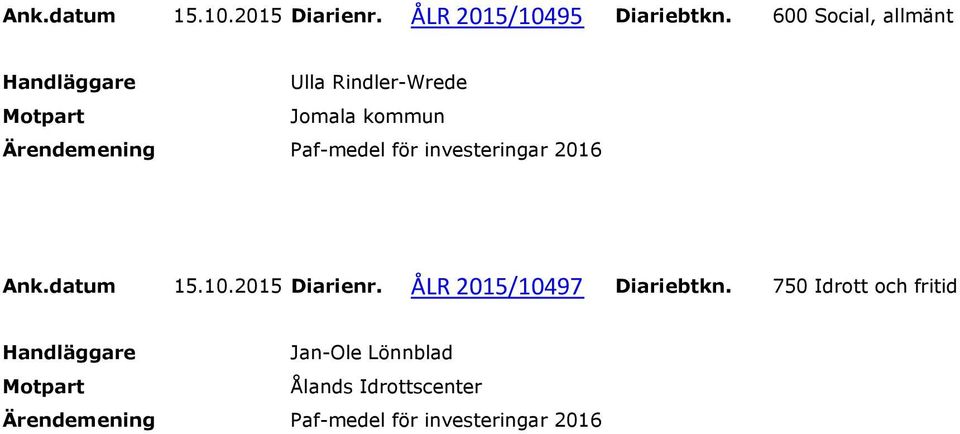 2016 Ank.datum 15.10.2015 Diarienr. ÅLR 2015/10497 Diariebtkn.
