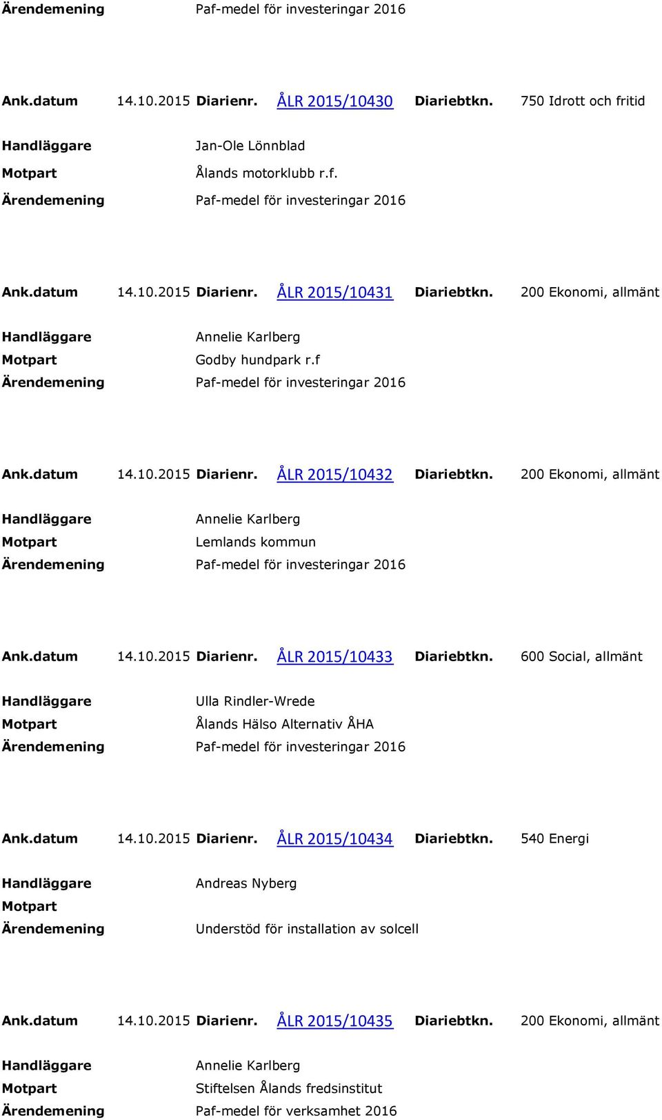 200 Ekonomi, allmänt Lemlands kommun Paf-medel för investeringar 2016 Ank.datum 14.10.2015 Diarienr. ÅLR 2015/10433 Diariebtkn.