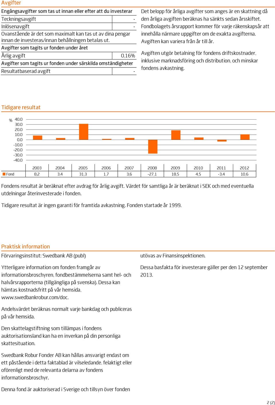 Avgifter som tagits ur fonden under året Årlig avgift 0,16% Avgifter som tagits ur fonden under särskilda omständigheter Resultatbaserad avgift - Det belopp för årliga avgifter som anges är en